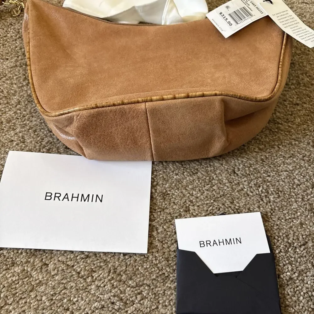 Brahmin Percy Tan Adrift Crescent‎ Crossbody Medium Handbag Leather Gold NWT